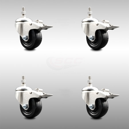 3 Inch 316SS Hard Rubber Wheel Swivel ½ Inch Threaded Stem Caster Set Lock Brake